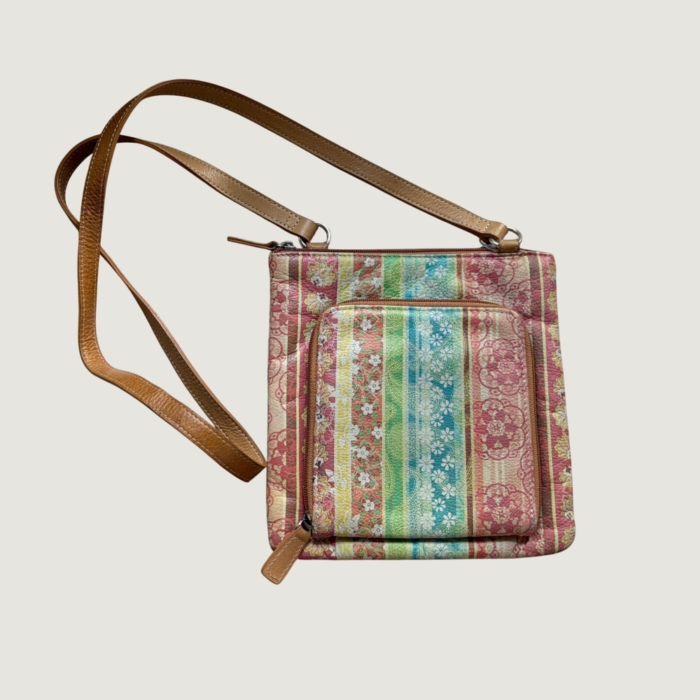 VTG Fossil Genuine Printed Leather Floral Stripe Crossbody Bag Y2K Wallet Purse